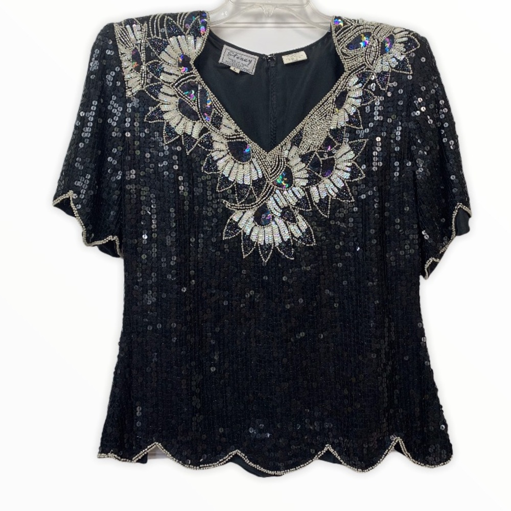 Vintage Beaded Sequined Silk Top Stenay Lined Large Black Formal
